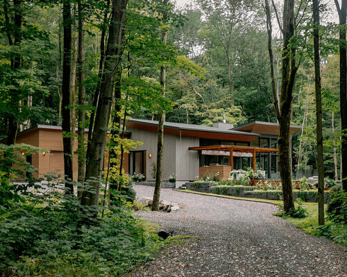 alternating single-slope roofs top oakhill house nestled in canadian dense forest