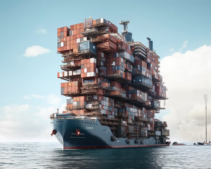 kaveh najafian conjures eco-system of AI-generated megaships abandoned at sea 