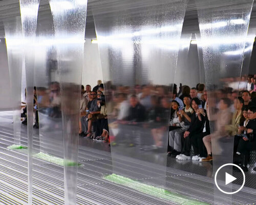 in prada SS24 ‘fluid form’ show, translucent thick slime cascades like luminous resin waterfall