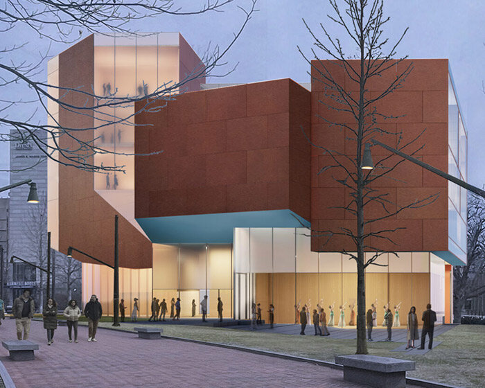 translucent floating trapezoids top steven holl's arts center for university of pennsylvania