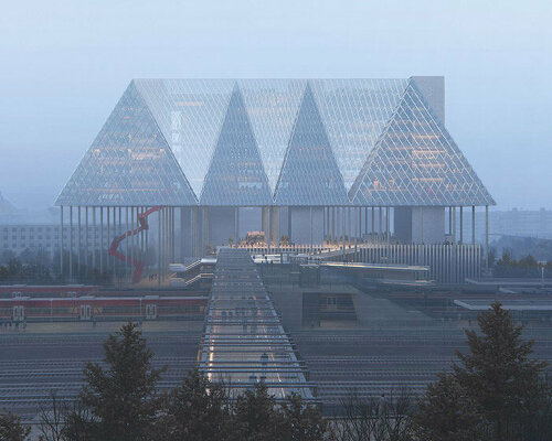 OMA suspends see-through trapezoidal office over a plaza in munich