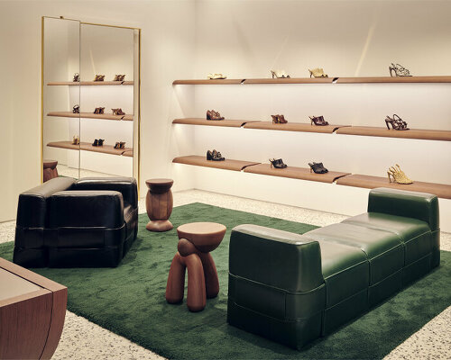 bottega veneta's sloane street store in london pairs terrazzo floors & thick wooden volumes