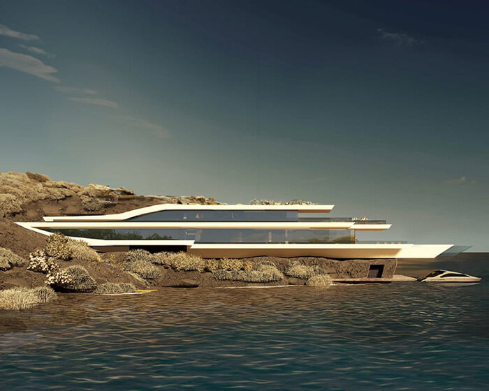 greek 'villa earth' emerges from the mediterranean coast like a futuristic yacht