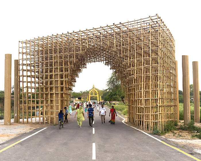 atArchitecture's vaulted bamboo lattice gate in faridabad honors north-eastern indian states