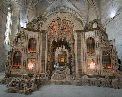 eva jospin weaves enchanting cardboard landscape into palais de papes' gothic architecture