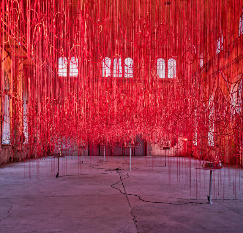 red liquid flows through chiharu shiota's ‘who am I tomorrow?' tube ...