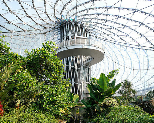 a spiraling ETFE roof tops 'the leaf' botanical gardens in canada's assiniboine park