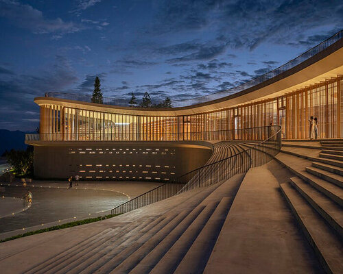 archstudio weaves resort exhibition center into the undulating landscape of dengcun, china