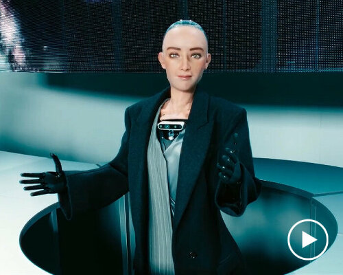 sophia the robot receives and interacts with guests at BOSS techtopia FW23 show in milan