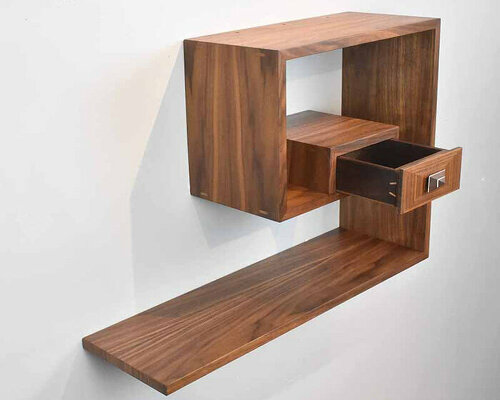 lee weitzman handcrafts wrap around wall shelf from natural walnut