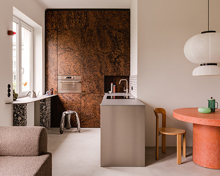 mistovia's memphis-style apartment in warsaw blends pink terrazzo, steel & walnut burl