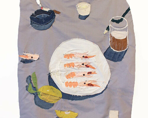 andrew scott weaves still life tapestries from scraps of satin, rain jackets, and velour  