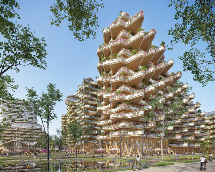 vincent callebaut's carless & timber eco-district in switzerland hosts cascading 'sky villas'