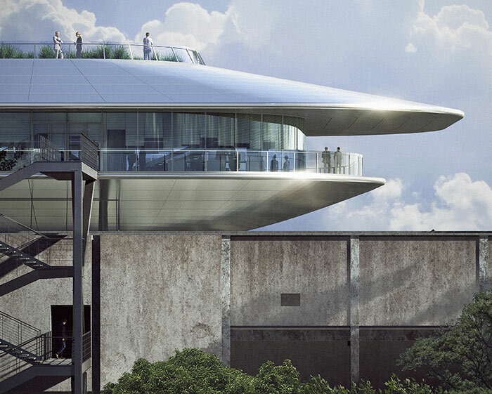 MAD architects unveils plans to perch futuristic 'ark' atop a cement factory ruin in shanghai