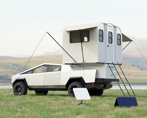 world’s first foldable camping cabin that fits tesla cybertruck can be stored in garage after use