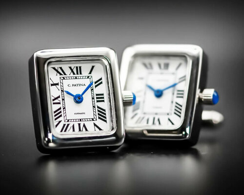 fully functional miniature luxury watches tell time and date at the shirt's cufflinks