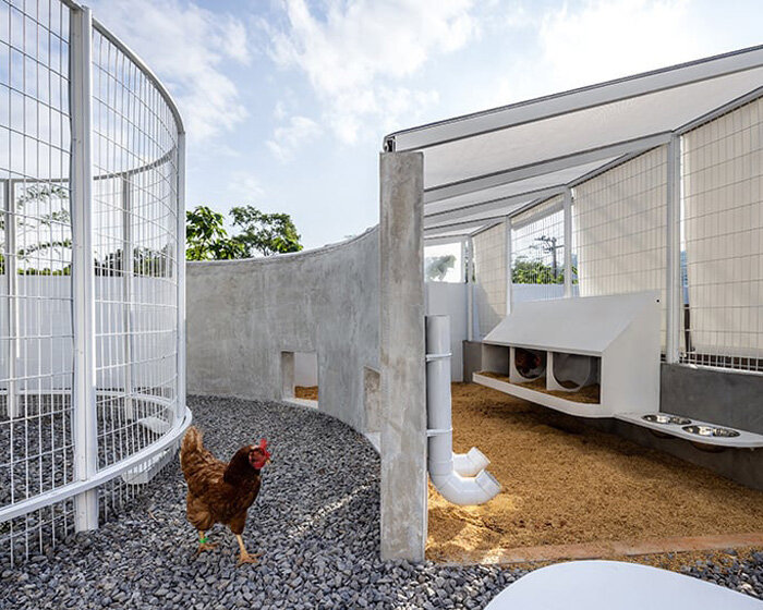 curved white fence encloses chicken coop and herb zone in school in taiwan