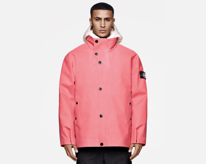 stone island’s thermal-reactive ice jacket slowly changes its color from hot pink to cold white