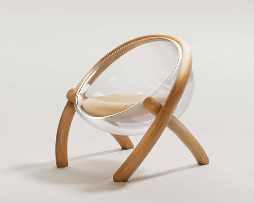 intersecting wooden components nestle contoured PET seat for xingcheng zhu’s XOX chair 