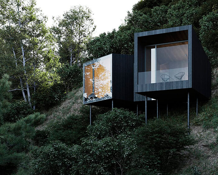 dark timber-clad cabins reflect the forested slopes of kyiv