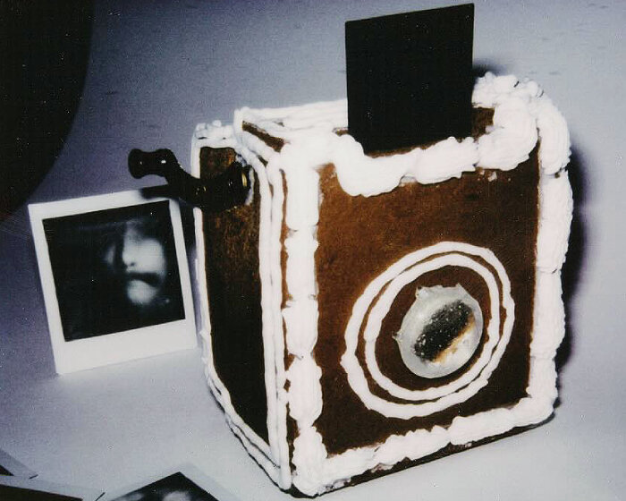 edible camera made of gingerbread captures and prints instax photos