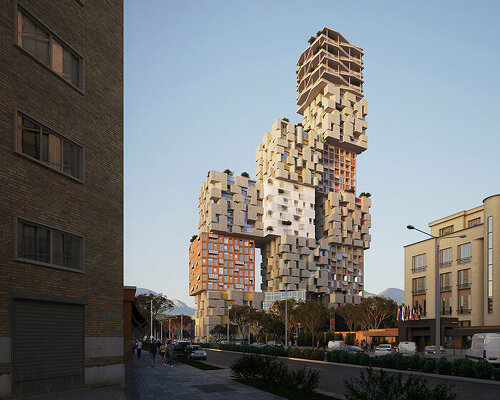 OODA plans 'hora vertikale' as a vertical village of thirteen stacked cubes for tirana