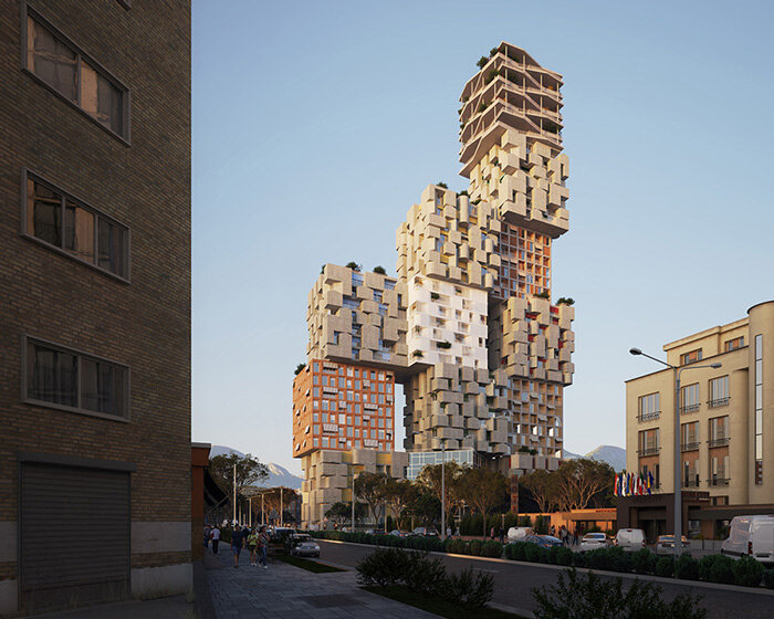 OODA plans 'hora vertikale' as a vertical village of thirteen stacked cubes for tirana