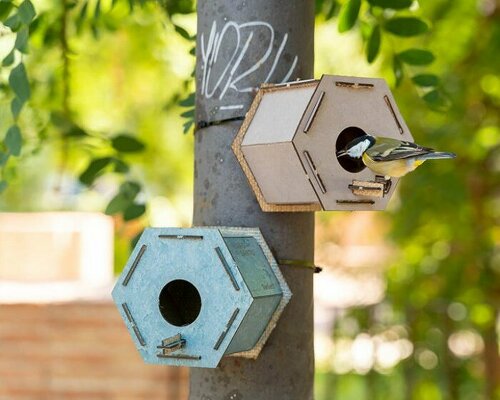 ELVI urban birdhouse game playfully gives second life to used linoleum