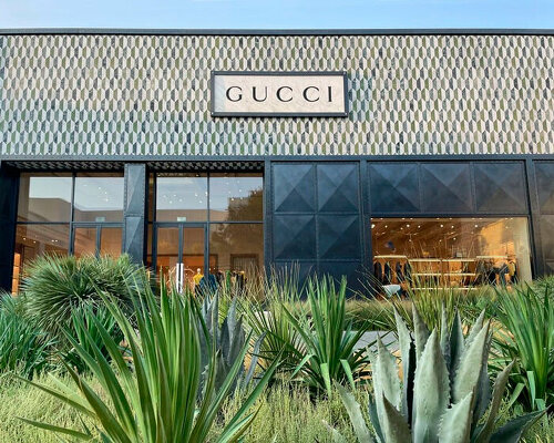 planting design by nomad studio reflects gucci bespoke flagship store's facade in texas