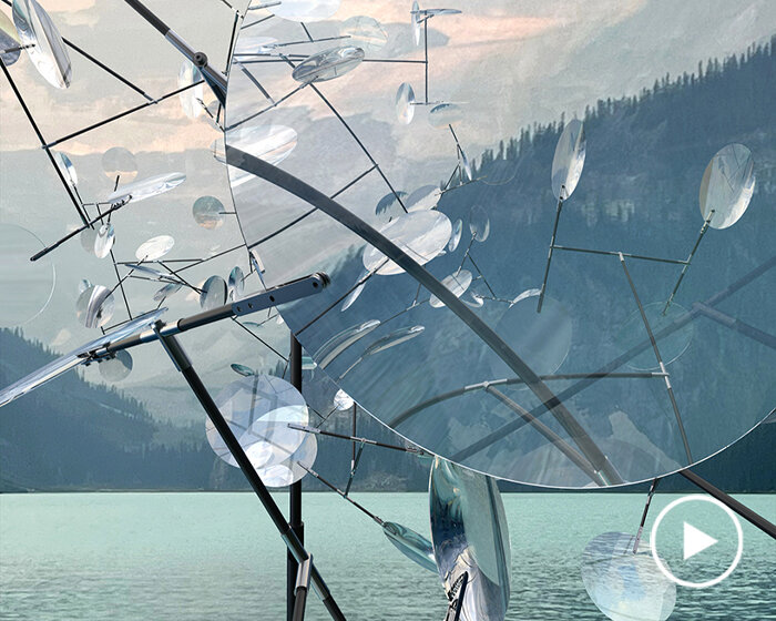 vincent leroy's floating lenses hover above canada's lake louise like an enigmatic cloud