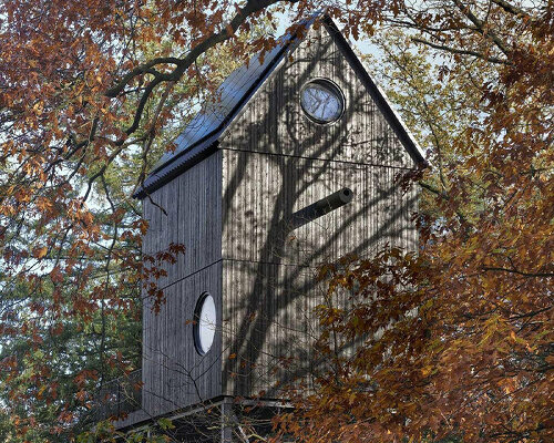 shaped like a bird house, i29 architects' forest folly hides amid treetops in the netherlands