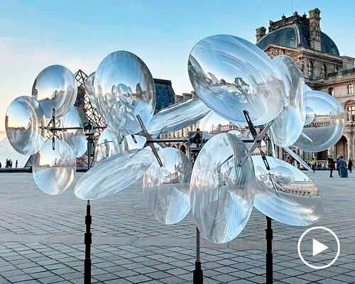 kinetic cloud's floating lenses by vincent leroy deform louvre's facade