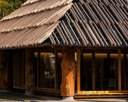 kengo kuma's timber louvers echo thatched roof of aoi aso shrine