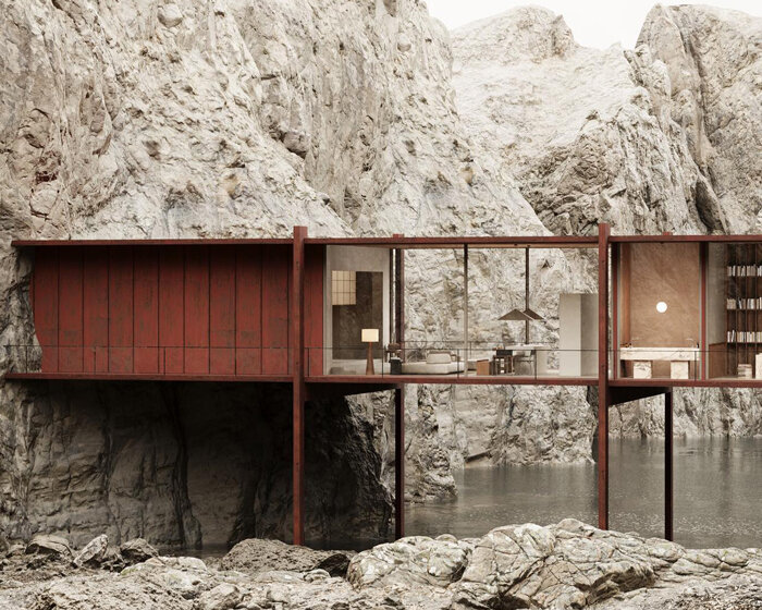 kseniia kolesnikova's stilted glass house rises over a lake amid mountain peaks