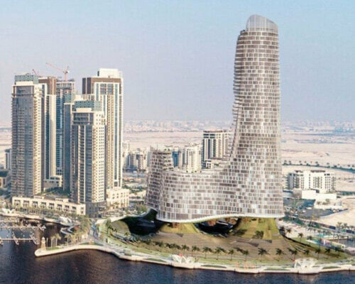 undulating contours outline hilly evergreen residential tower on dubai creek harbor