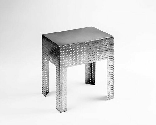 seo chung kyo punctuates steel stools with intricate engravings evoking woven fabric