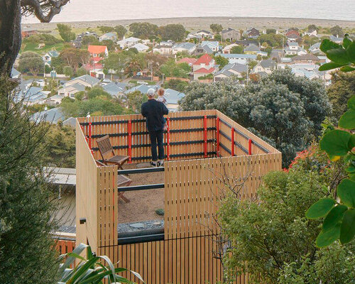 vertical timber cladding coats compact karaka tower treehouse in new zealand