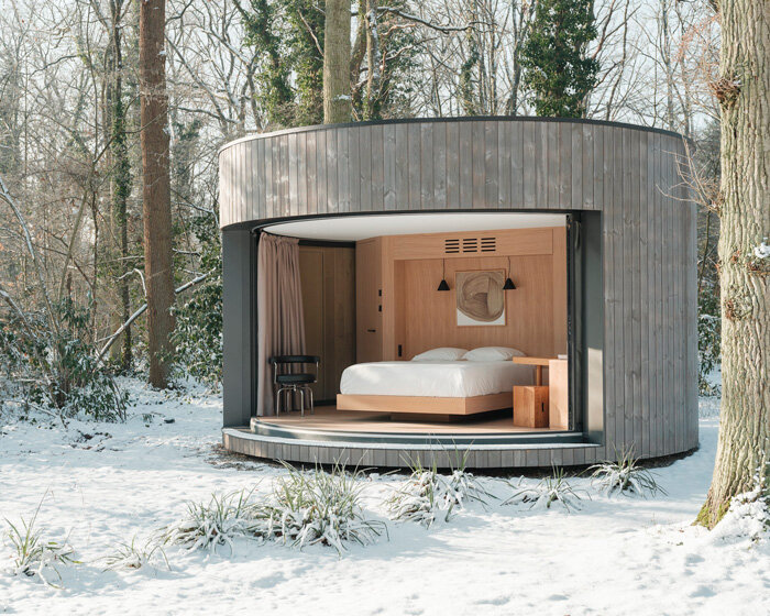 rounded wooden lumipod 5 and sauna interrelate with modernist villa besson in france