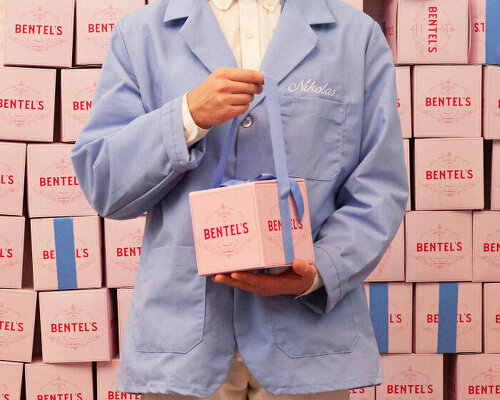 nik bentel turns wes anderson's pastry box from grand budapest hotel into pink leather bag