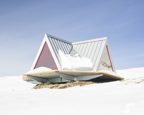 pinwheel shelter emerges as a foldable wooden and aluminum tent on a remote alpine slope