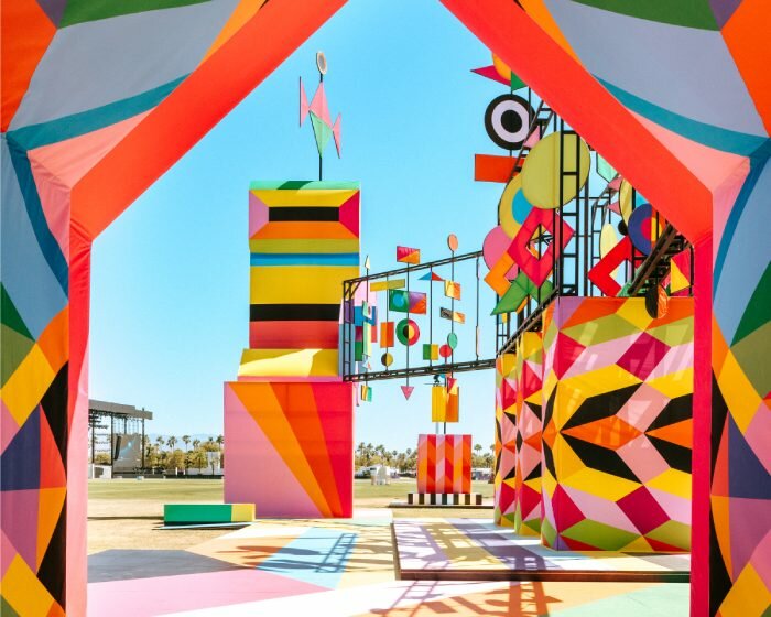 morag myerscough's kinetic installation enlivens coachella desert with a kaleidoscopic plaza