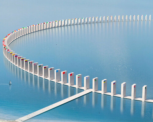 conceptual ring platform floating near gaza sets up a domino of all countries' pavilions