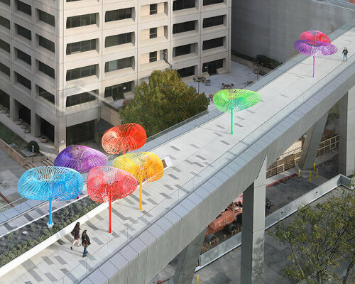 hou de sousa's sculptural grove of trees and benches illuminate adobe san jose headquarters