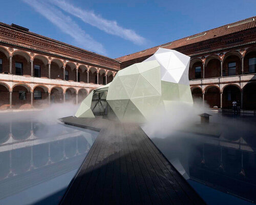 perforated metalized membrane coats MAD's amazing walk triangular installation in milan