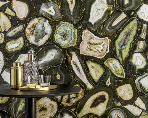 florim infuses agate’s natural gems with metals into mystic luxe ceramic surfaces