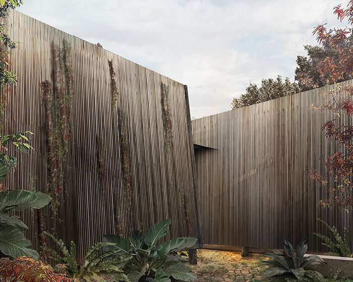 openwork wooden walls shield theo domini's primitive-inspired residence in bordeaux