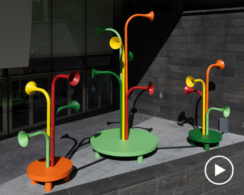 yuri suzuki’s colorful horn-shaped speakers play ambient city sounds at san francisco MOMA