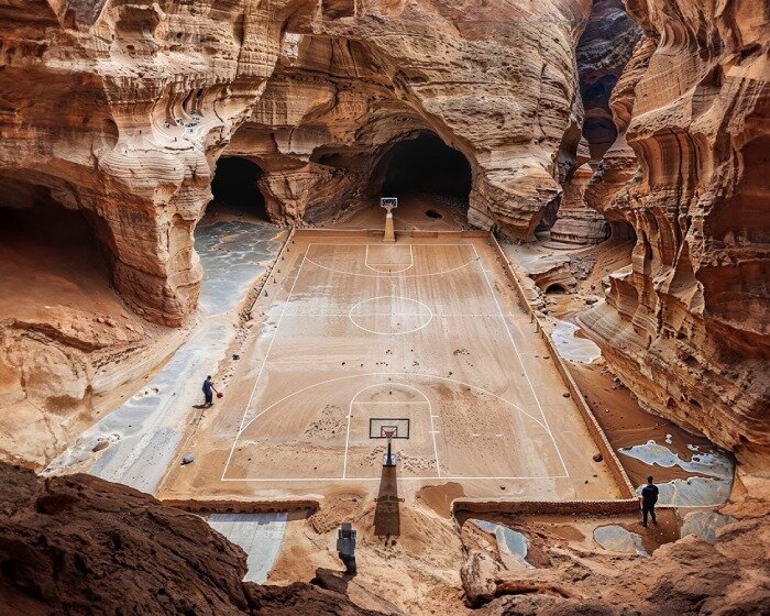 norah ulsairy imagines surreal basketball courts carved into AlUla's sandstone canyons