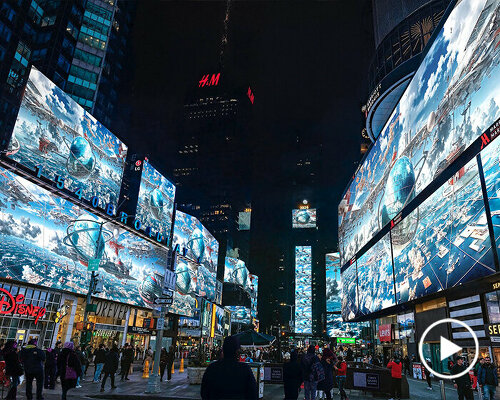 marco brambilla's vision of a future world fair takes over the screens in times square