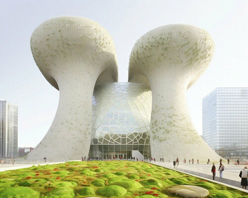 gigantic fungi and urban infrastructure intertwine within AI-DA's imagined 'micocity'